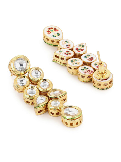 Gold-Toned White Kundan Contemporary Gold-Polished Drop Earrings - Ruby Raang