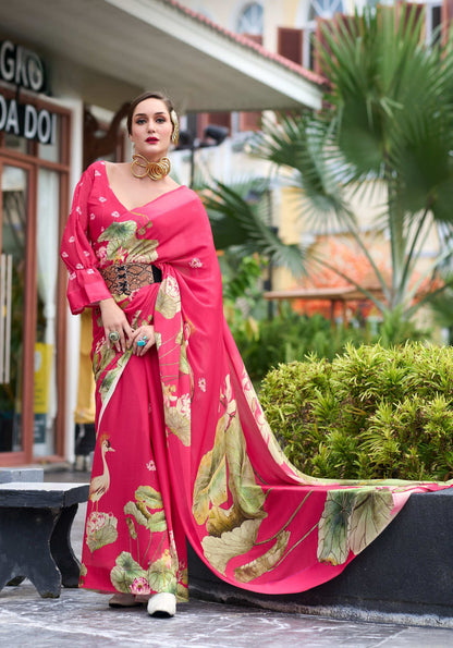 Anaita Pink Designer Printed Pure Georgette Saree With Blouse
