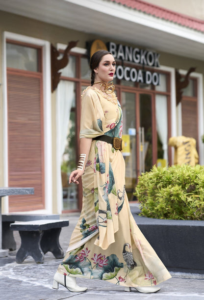 Anaita Cream Designer Printed Pure Georgette Saree With Blouse