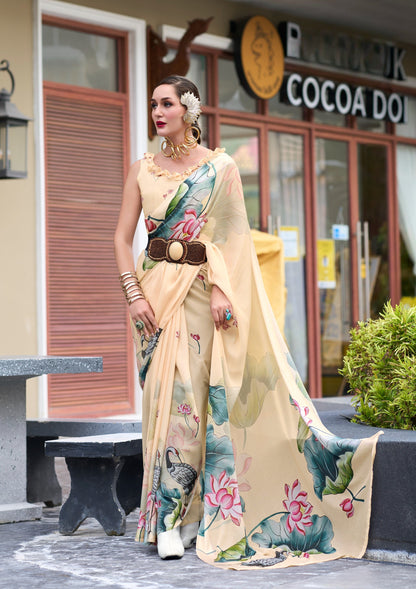 Anaita Cream Designer Printed Pure Georgette Saree With Blouse