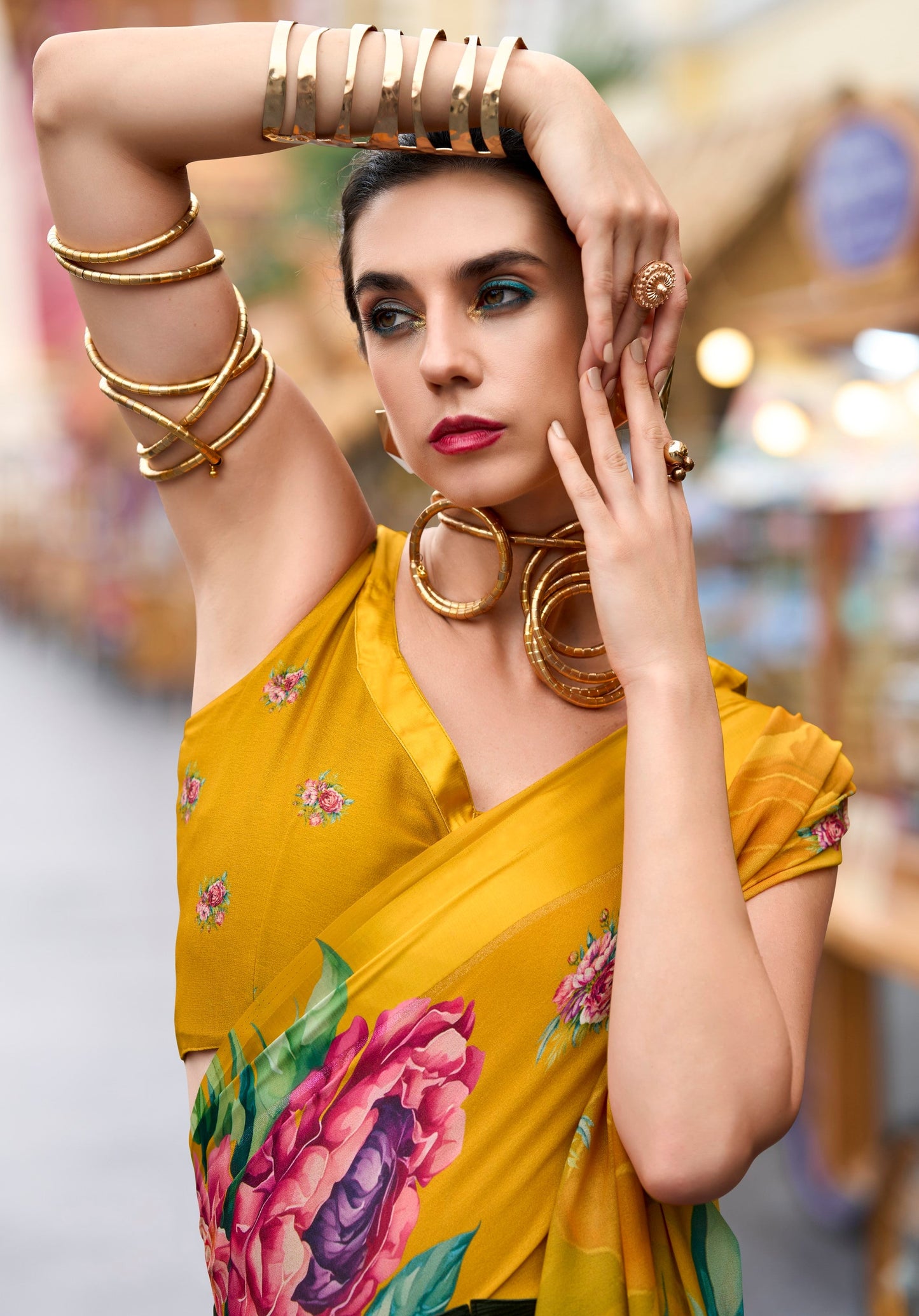 Anaita Mustard Designer Printed Pure Georgette Saree With Blouse