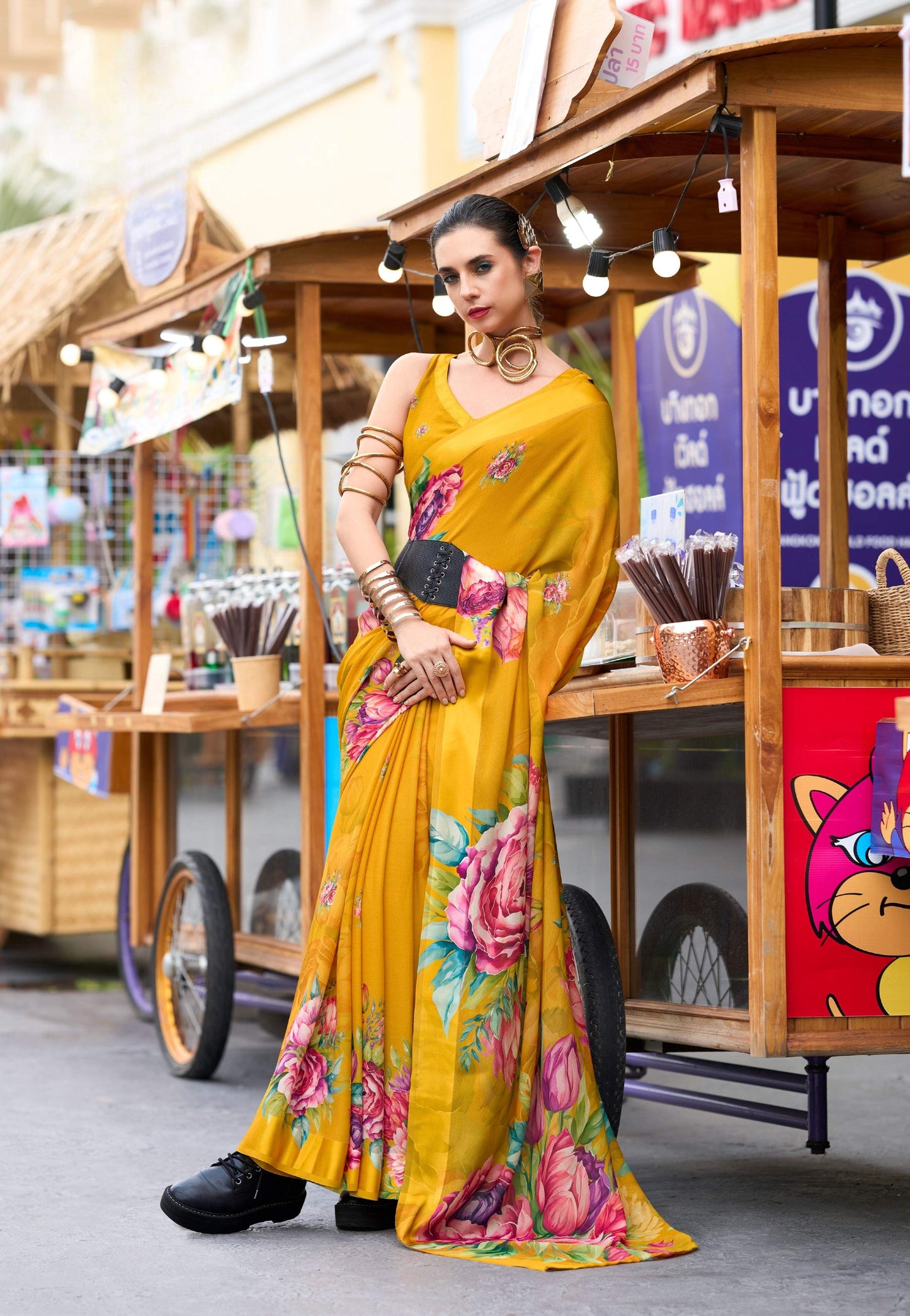 Anaita Mustard Designer Printed Pure Georgette Saree With Blouse