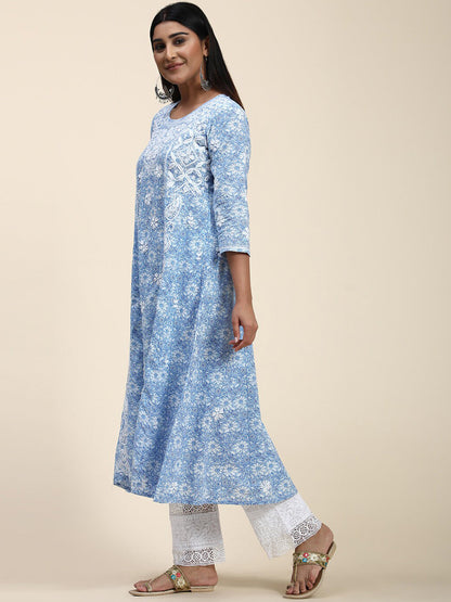 HOUSE OF KARI Floral Embroidered Chikankari Cotton Anarkali Kurta