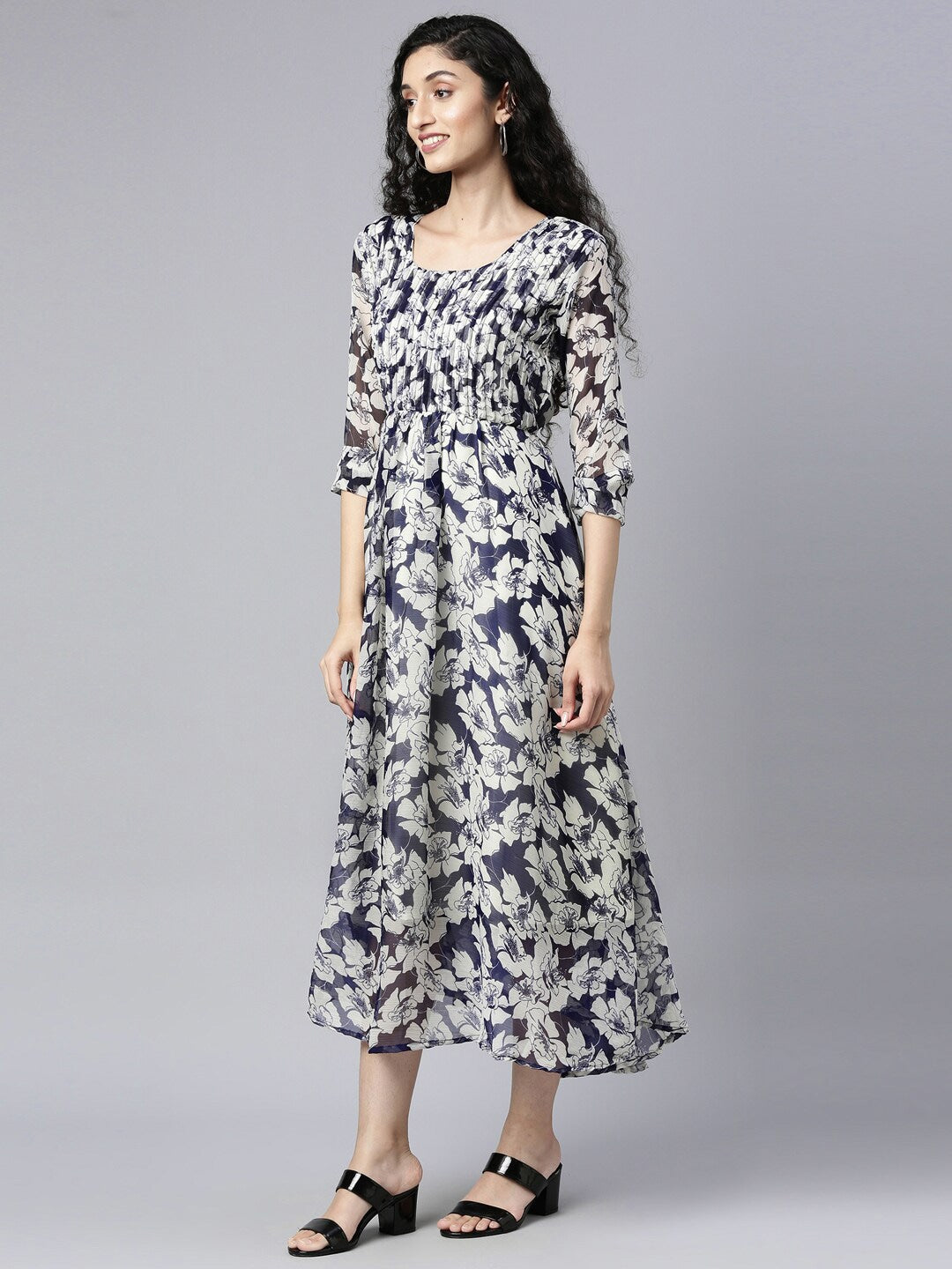 Souchii White Floral Layered Chiffon Empire Midi Dress