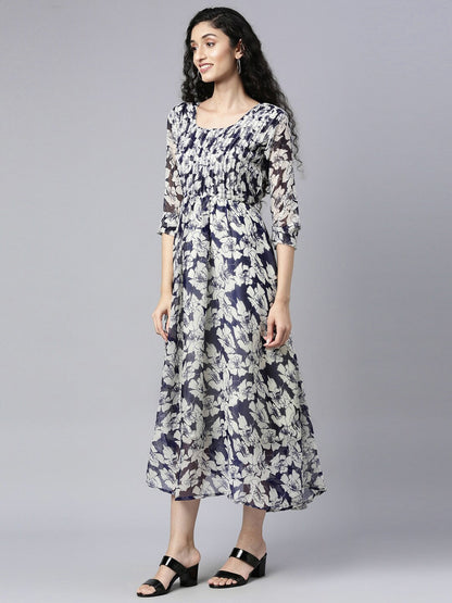 Souchii White Floral Layered Chiffon Empire Midi Dress