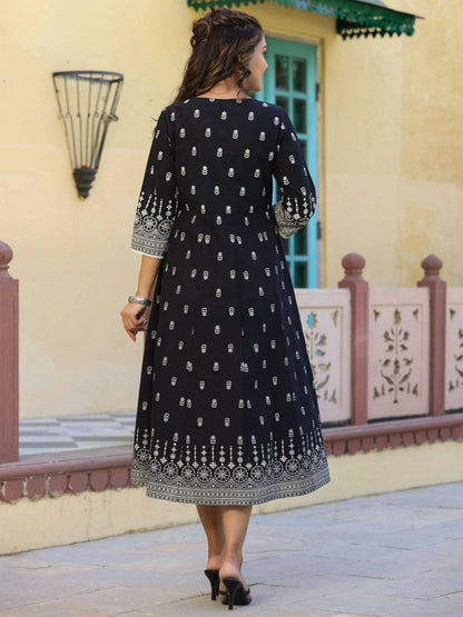 Juniper Women's Black Printed Anarkali Flared Dress