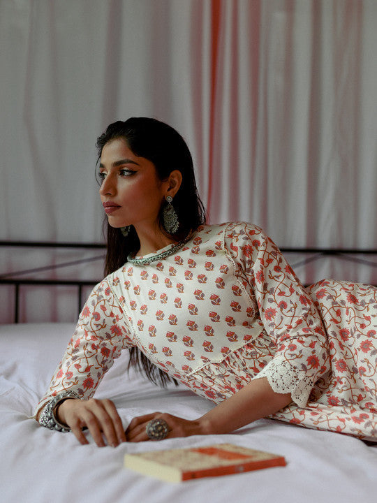Anayna Women White & Pink Printed Kurta with Trousers