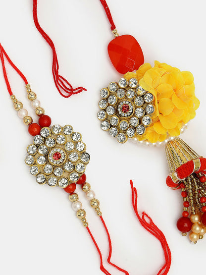 NVR Women & Men Set of 2 Red & Gold-Toned Stone-Studded & Beaded Bhaiya Bhabhi Rakhi With Roli Chawal & Chocolate