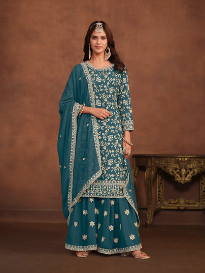 Anaita Teal Embroidered Faux Georgette Salwar Suit