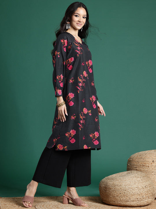 Sangria Puff Sleeves Floral Printed Kurta