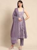 Anayna Women Purple Ethnic Motifs Printed Pure Cotton Kurta with Trousers & Dupatta