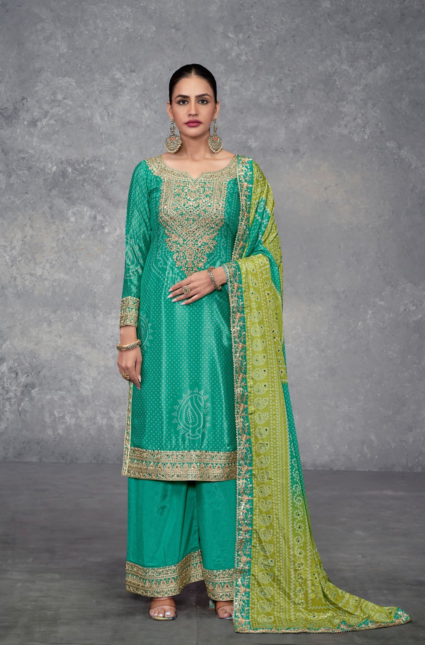 Anaita Turquoise Digital Printed Chinon Embroidered Sequence Work Ready Made Suit