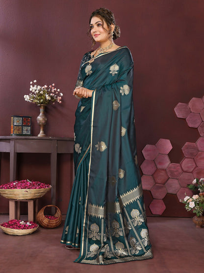 Joban Fashion Emerald green Floral Motifs Banarasi Silk Sarees