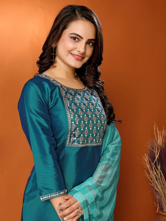 Fabmora Ethnic Motifs Embroidered Regular Zari Straight Kurta With Trouser &Dupatta