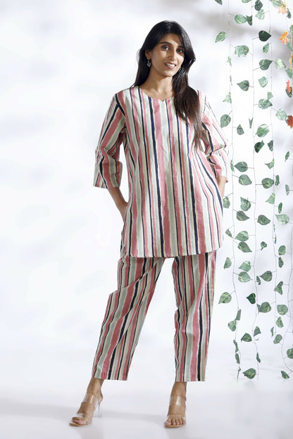 Breathables Women’S Pink Cotton Stripes Loungewear Co-Ord Set