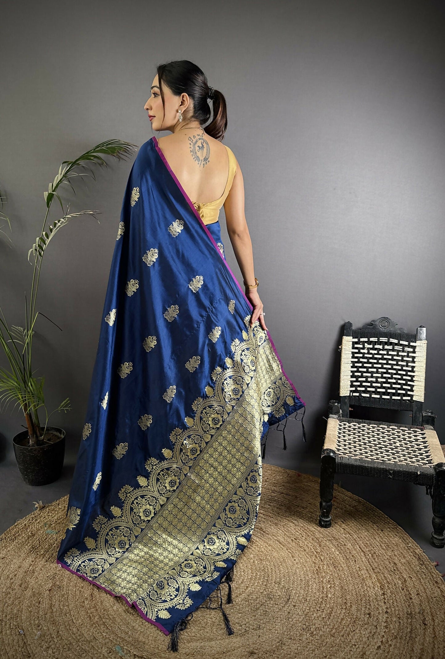 Joban Fashion Navy Blue Banarasi Lichi Silk Gold Zari Meena Saree