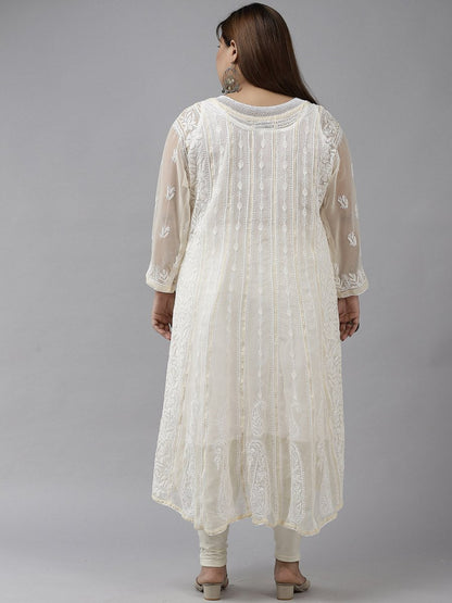 ADA Women Beige Ethnic Motifs Plus Size Chikankari Georgette Anarkali Kurta