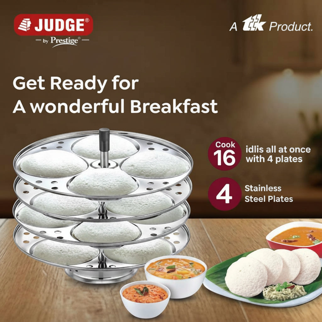Judge by Prestige Stainless Steel Idli Cooker 4 Plates 16 Idlis