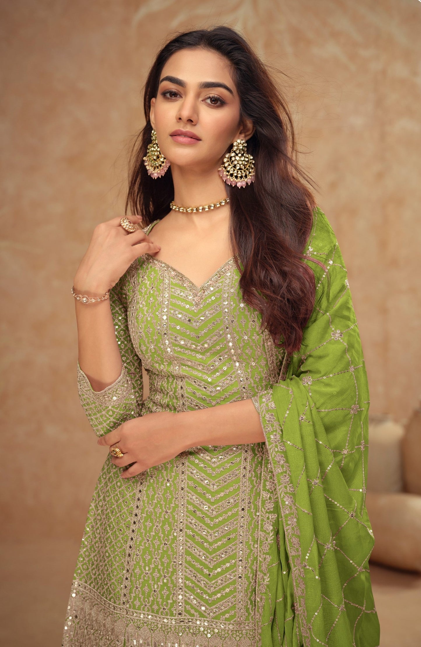 Anaita Green Chinon Sequence Embroidered Readymade Salwar Suit