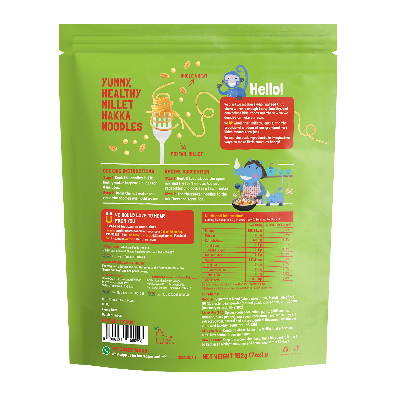 Slurrp Farm Mild Millet Noodles - 192 gms