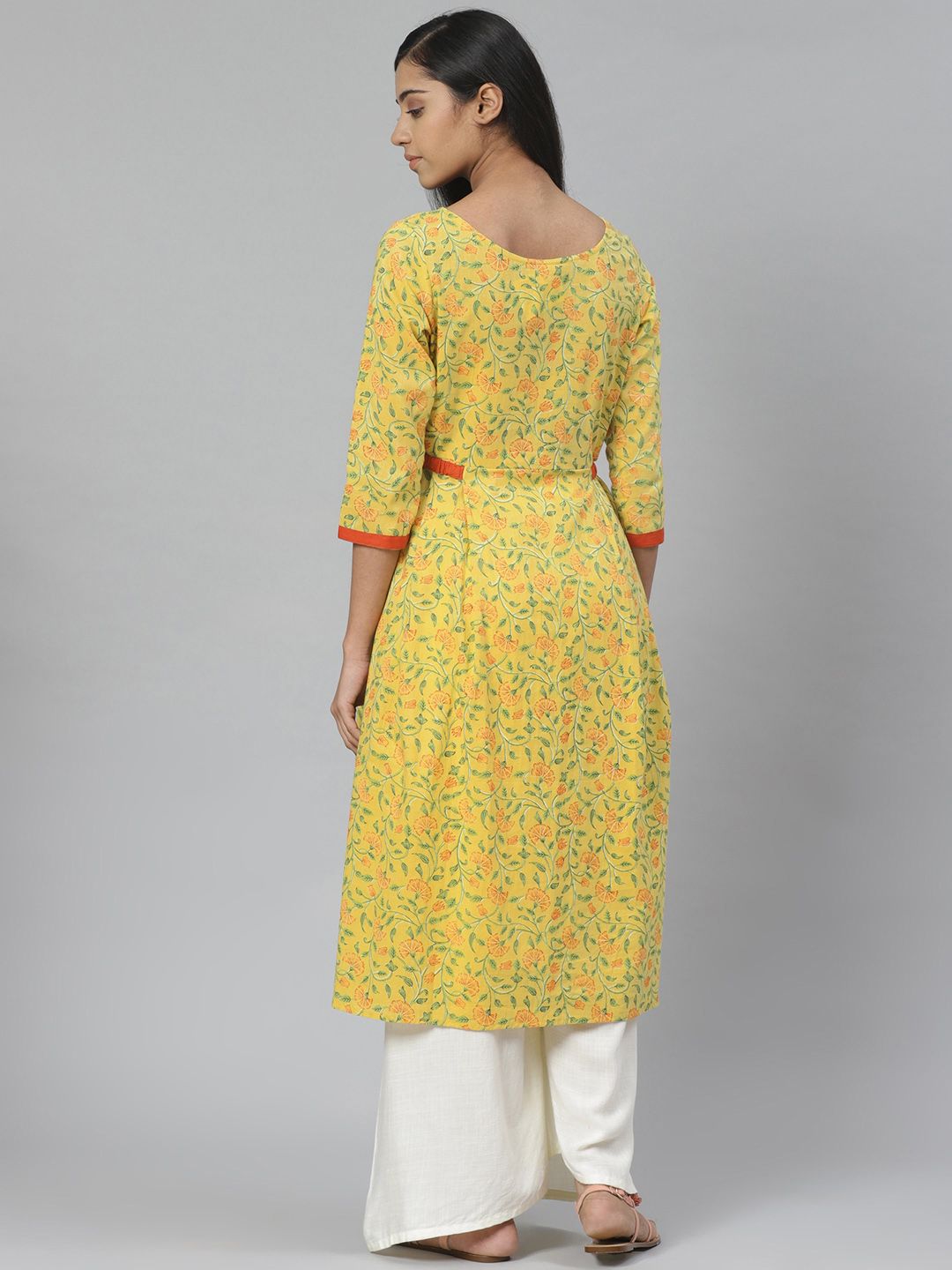 Anayna Women Yellow & Green Printed Pure Cotton Feeding Maternity A-Line Kurta