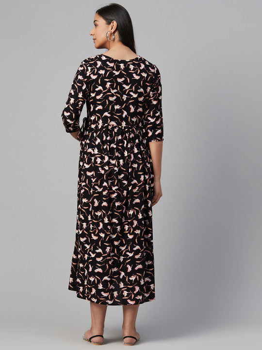 Anayna Women Black & Off-White Printed Maternity A-Line Dress