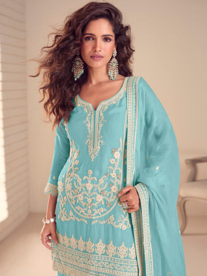Anaita Sky Chinon Stitched Suit with Embroidery & Sequence Work