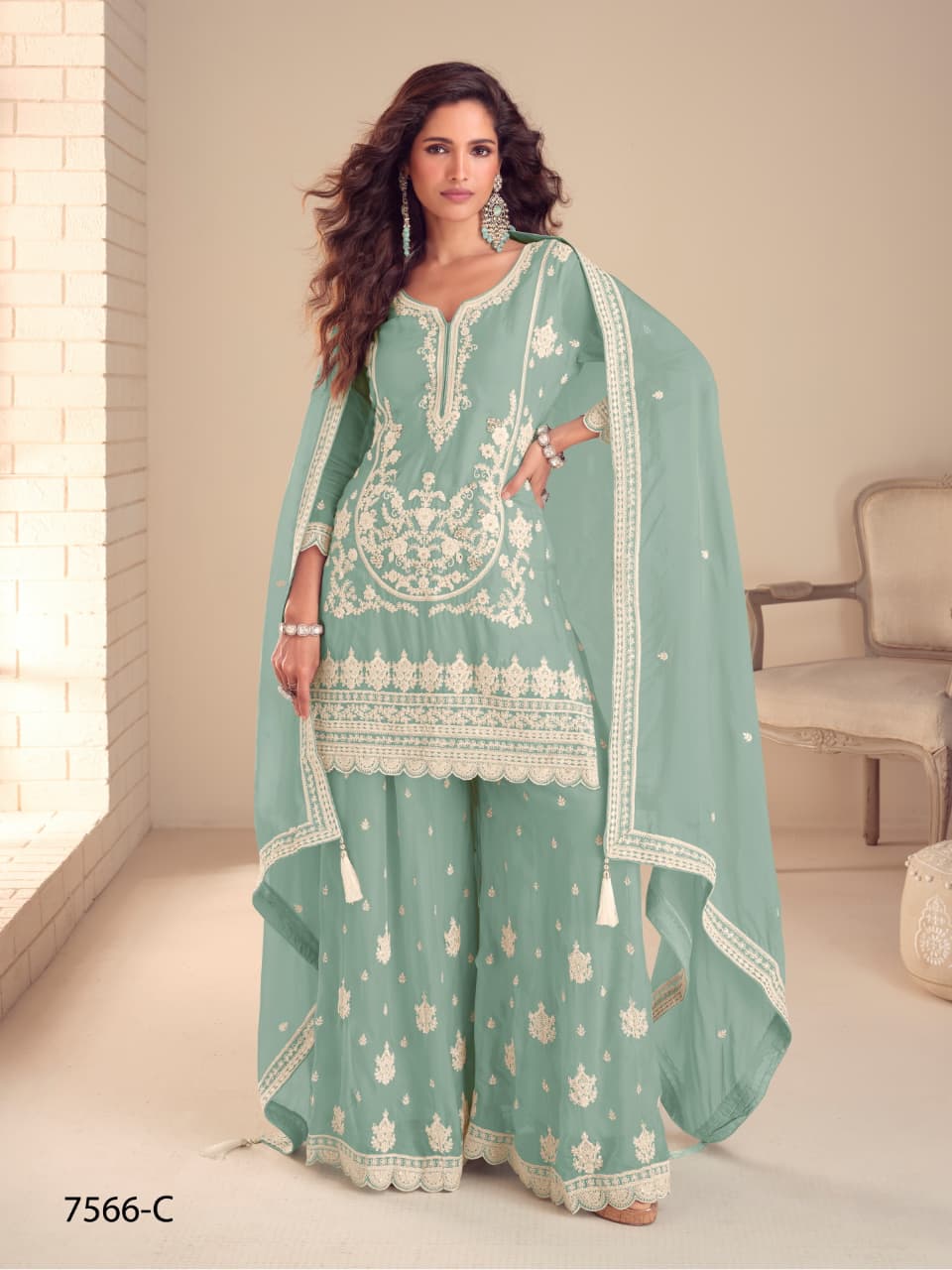 Anaita Turquoise Chinon Stitched Suit with Embroidery & Sequence Work