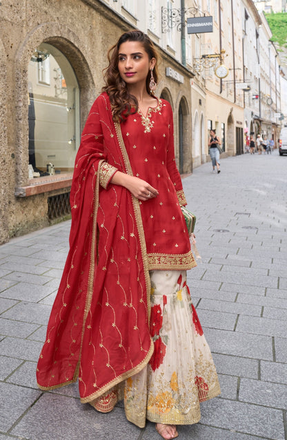Anaita Red Heavy Chinon Silk Palazzo Suit With Sequence Work