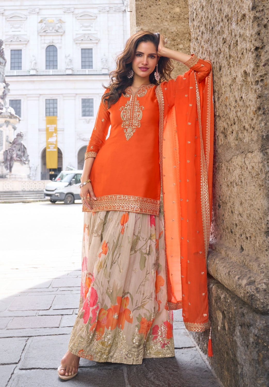 Anaita Orange Heavy Chinon Silk Palazzo Suit With Sequence Work