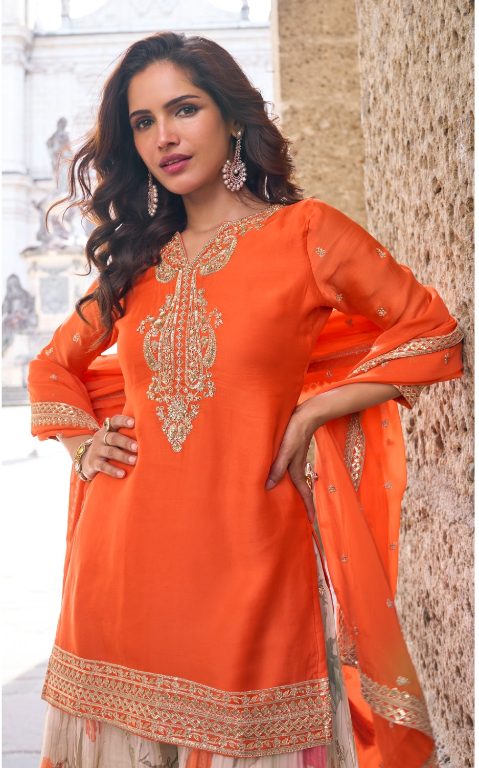Anaita Orange Heavy Chinon Silk Palazzo Suit With Sequence Work