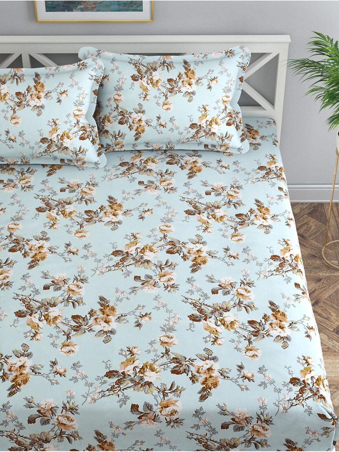 Florida Blue & White Floral 120 TC King Bedsheet with 2 Pillow Covers