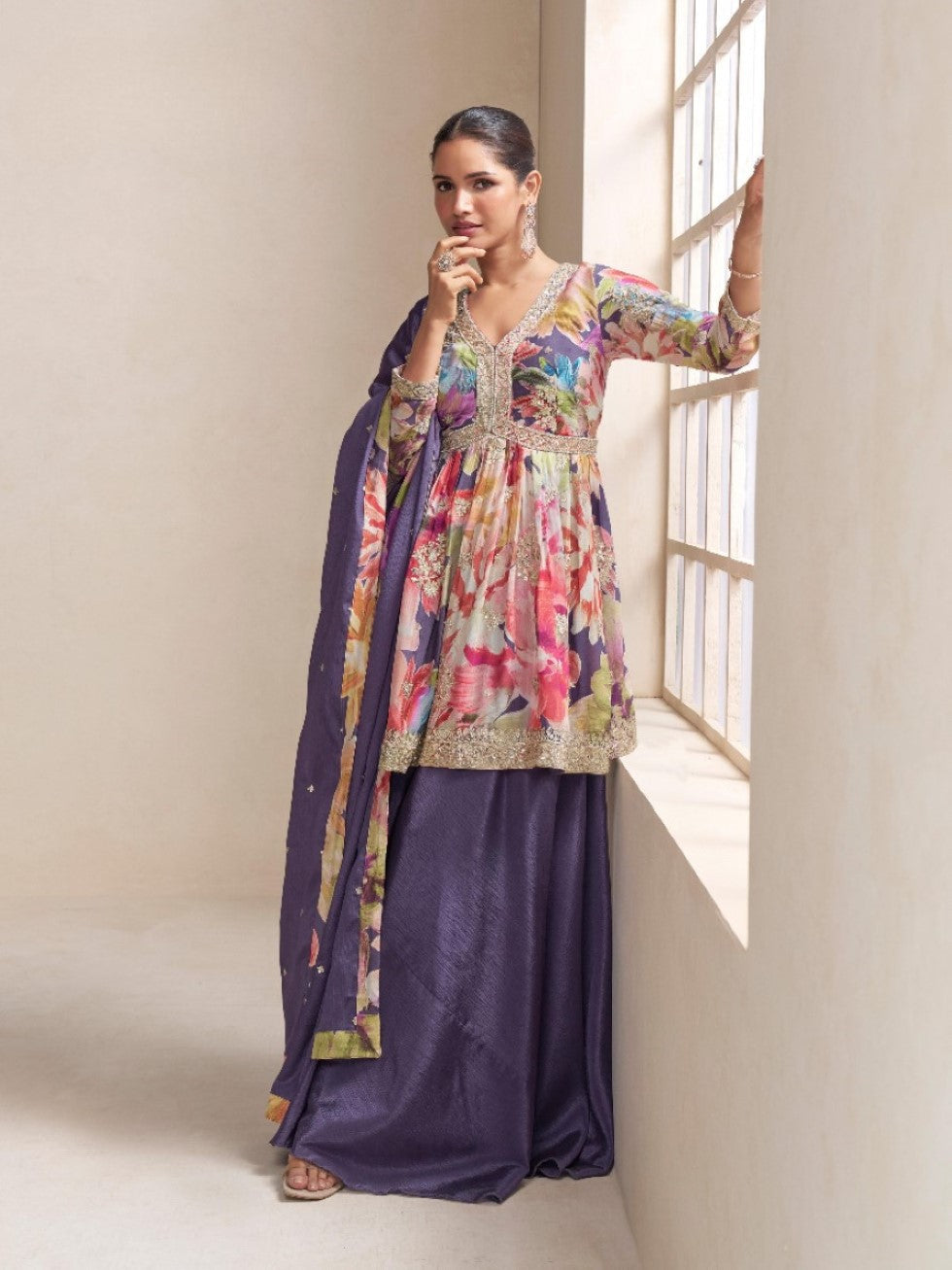 Anaita Purple Chinon Stitched Plazzo Suit With Embroidery Work