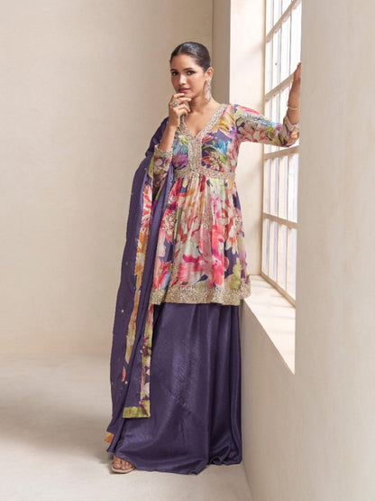 Anaita Purple Chinon Stitched Plazzo Suit With Embroidery Work