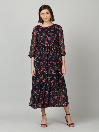 Souchii Women Navy Blue & Red Floral Chiffon A-Line Tiered Dress