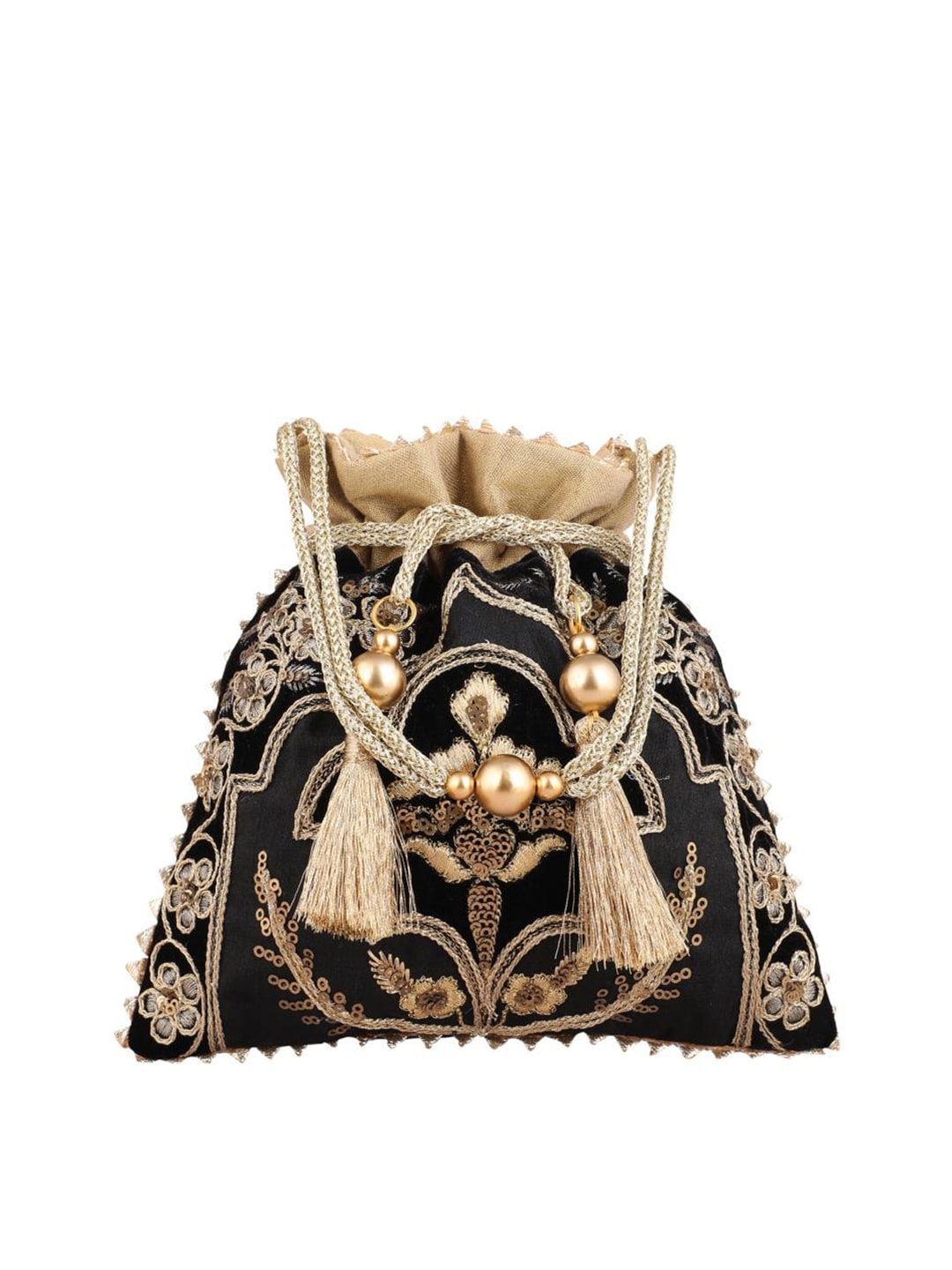 Masq Black & Gold-Toned Embellished Embroidered Potli Clutch