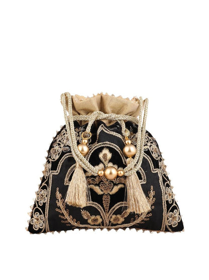 Masq Black & Gold-Toned Embellished Embroidered Potli Clutch