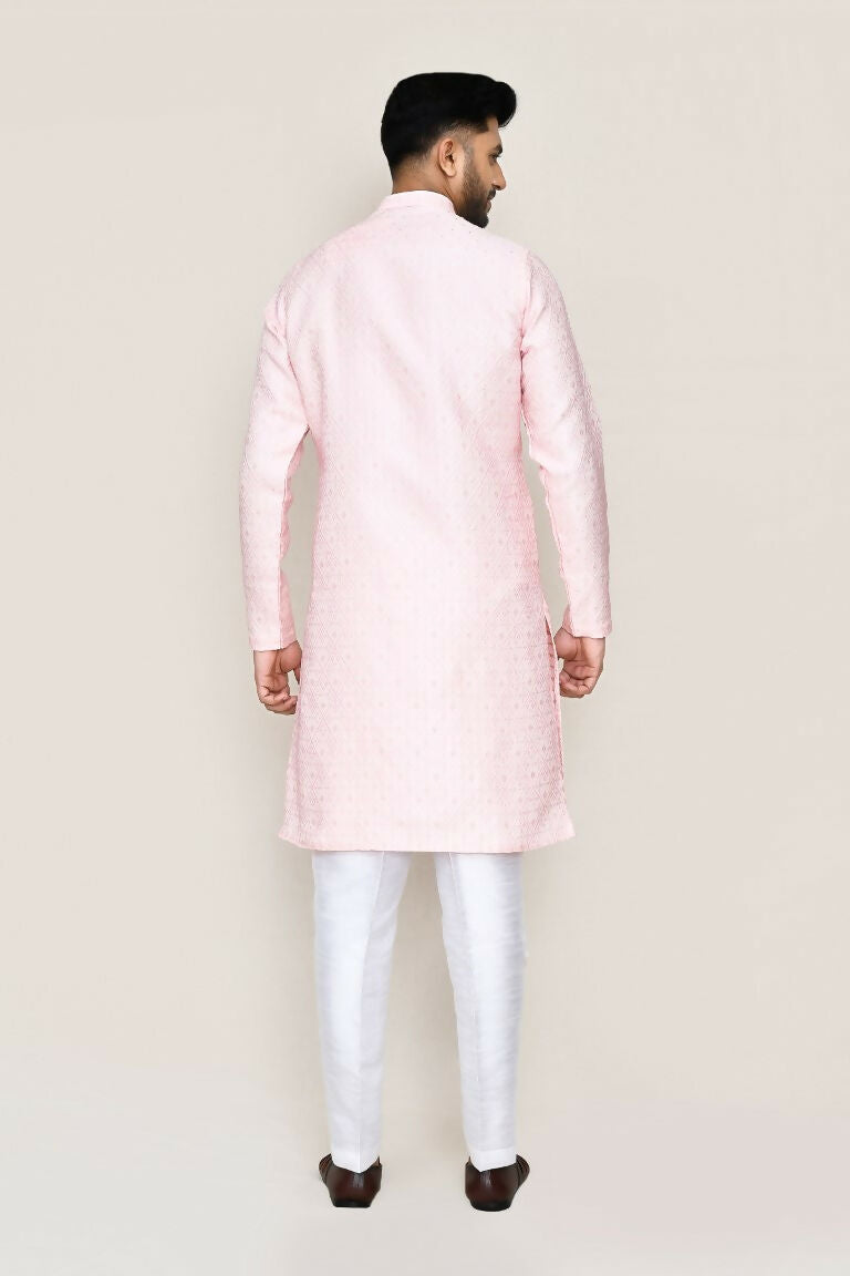 Joban Fashion Red Colored Weaving Silk Fabric Kurta With Straight Fit Pant