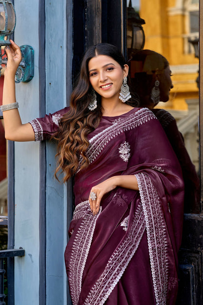 Vastranavya Wine Embroidery Work Shimmer Chiffon Saree with Unstitched Blouse