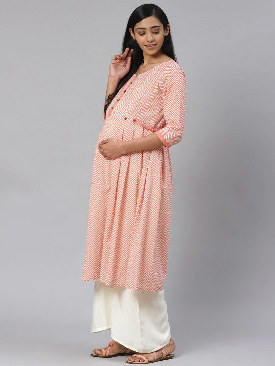 Anayna Women Peach-Coloured & Off-White Printed Pure Cotton Feeding Maternity A-Line Kurta