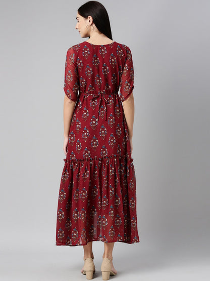 Souchii Maroon & Blue Ethnic Motifs Chiffon Maxi Dress