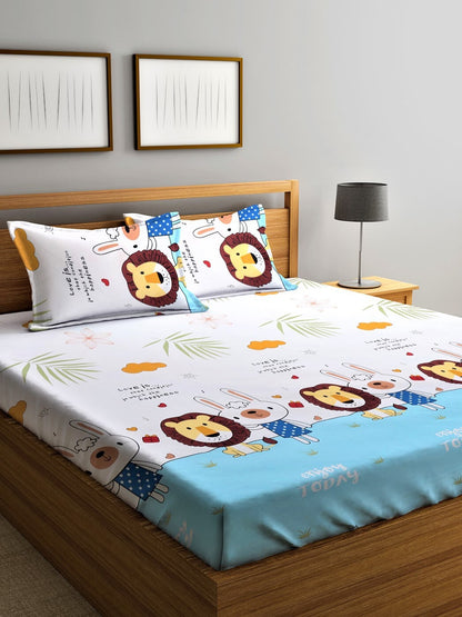 Home Sizzler White & Blue Printed 210 TC Double Bedsheet With 2 Pillow Covers