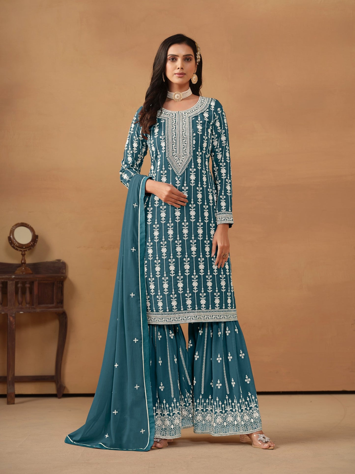 Anaita Teal Embroidered Faux Georgette Salwar Suit