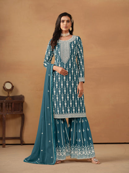 Anaita Teal Embroidered Faux Georgette Salwar Suit