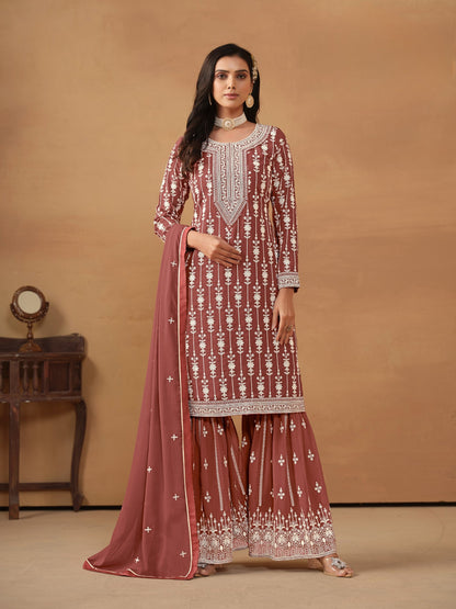 Anaita Brown Embroidered Faux Georgette Salwar Suit