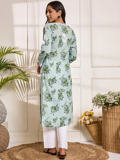HOUSE OF KARI Floral Embroidered Chikankari Pure Cotton Kurta