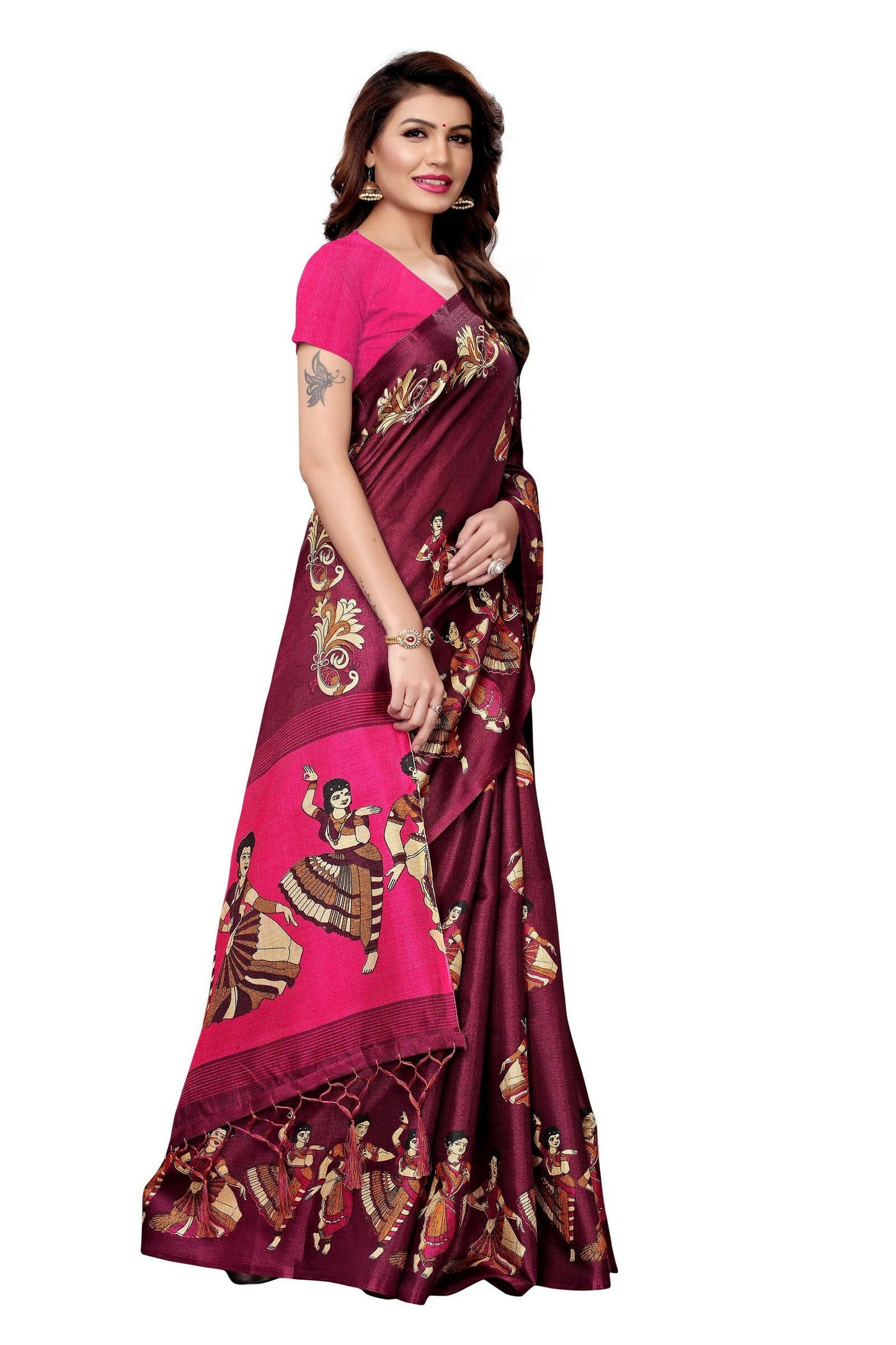 Vamika Wine Red & Pink Kalamkari With Jhalar Khadi Silk Saree