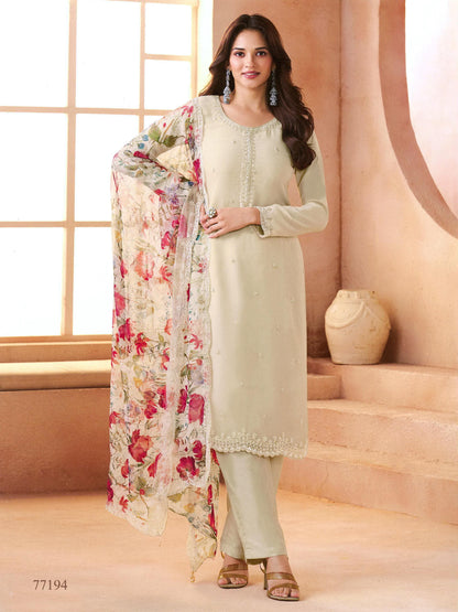 Anaita Beige Chiffon Suit with Digital Printed & Beats Work