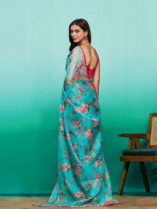 Sangria Floral Printed Organza Saree