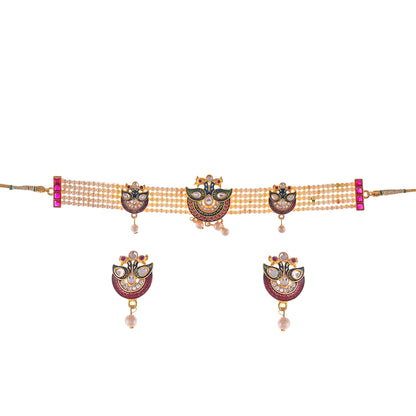 Gold-Polished Alloy Designer Peacock Choker Necklace Set - The Pari